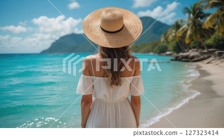 a young woman in white dress looking at the sea 127323414