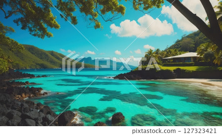 tropical beach cove with crystal-clear turquoise water 127323421