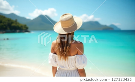 a young woman in white dress looking at the sea a young woman in white dress looking at the sea 127323425