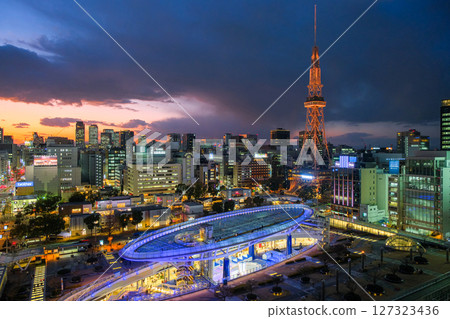 Sakae, Nagoya City, Aichi Prefecture, at dusk, with a view of Nagoya TV Tower 127323436