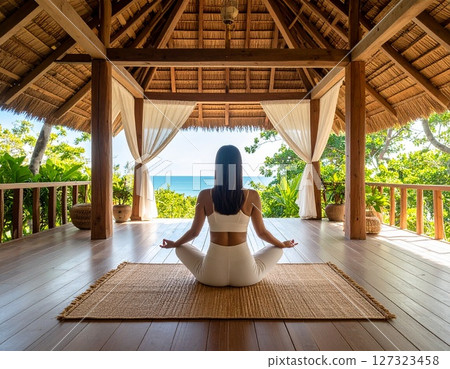 Woman doing yoga poses in sea bungalow 127323458