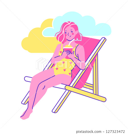 A relaxed young woman enjoys a tropical cocktail under the sun on a cozy beach chair, perfect for leisure, vacation, and summer lifestyle themes A relaxed young woman enjoys a tropical cocktail under the sun on a cozy beach chair, perfect for leisure, vacation, and summer lifestyle themes 127323472