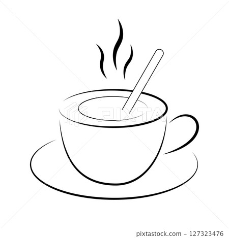 Hot Cup of Coffee with Spoon Vector Illustration. A clean and minimalist black and white vector illustration of a steaming hot beverage in a cup with a saucer. Hot Cup of Coffee with Spoon Vector Illustration. A clean and minimalist black and white vector illustration of a steaming hot beverage in a cup with a saucer. 127323476