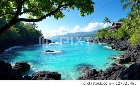 tropical beach cove with crystal-clear turquoise water 127323483