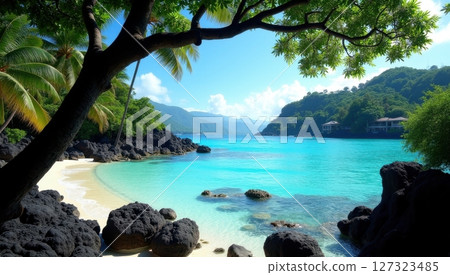 tropical beach cove with crystal-clear turquoise water 127323485