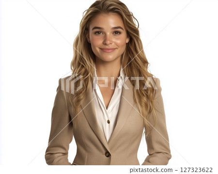 Blonde woman in beige classic suit posing confidently on a clean white background, studio shot. Blonde woman in beige classic suit posing confidently on a clean white background, studio shot. 127323622