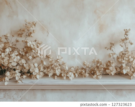 Beige neutral background with beige dried flowers, soft texture, minimal and natural design. 127323623