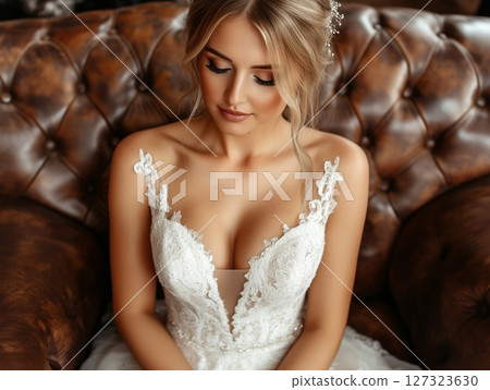Elegant bride with deep neckline sitting on leather sofa, waist-up portrait in soft natural light. 127323630