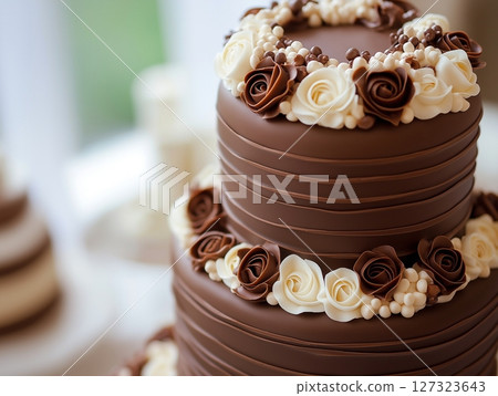 Three-tier cake decorated with chocolate glaze and buttercream roses, elegant and indulgent dessert. 127323643