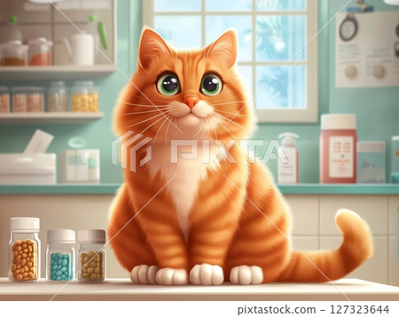 Illustration of fluffy ginger cat in veterinary clinic, calm and caring medical setting. 127323644