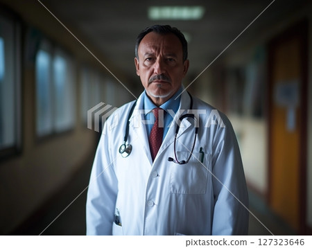Confident male doctor in white coat with stethoscope around neck, standing in medical office. 127323646