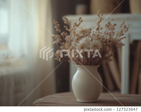 Atmospheric beige photo with ceramic vase holding dried flowers on wooden table, warm and cozy. 127323647
