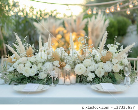 Boho-style outdoor wedding banquet table decorated with flowers, rustic decor, and natural light. 127323657