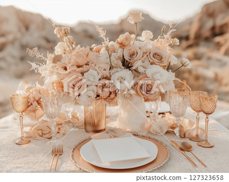 Boho-style outdoor wedding banquet table decorated with flowers, rustic decor, and natural light. Boho-style outdoor wedding banquet table decorated with flowers, rustic decor, and natural light. 127323658