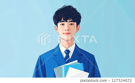 a confident Asian male student wearing a blue uniform and backpack, holding books against a soft blue background. Perfect for school ads, educational posters, and learning materials 127324072