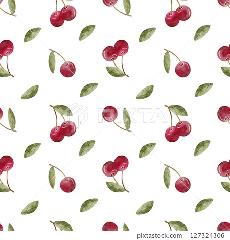Pattern watercolor illustration cherry berries with green leaves hand drawn. Seamless print in vintage style on isolated background for design textiles, fabrics, packaging, clothes, postcard packaging 127324306