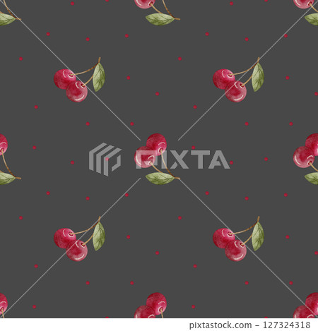 Pattern watercolor illustration of cherry berries with green leaves dots red hand drawn. Seamless print on dark gray background for textile design, fabric, packaging, clothes, postcard, packaging Pattern watercolor illustration of cherry berries with green leaves dots red hand drawn. Seamless print on dark gray background for textile design, fabric, packaging, clothes, postcard, packaging 127324318
