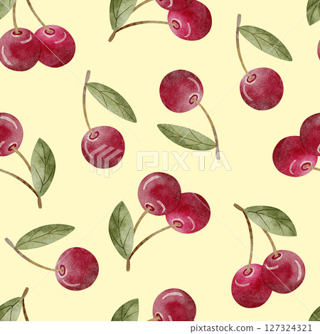 Pattern children's berries cherry green leaves watercolor illustration fruit summer hand drawn. Seamless print on pastel yellow background for design textiles, fabrics, packaging, clothes, postcard 127324321