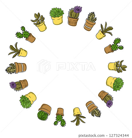 Wreath made of hand drawn potted cacti Wreath made of hand drawn potted cacti 127324344