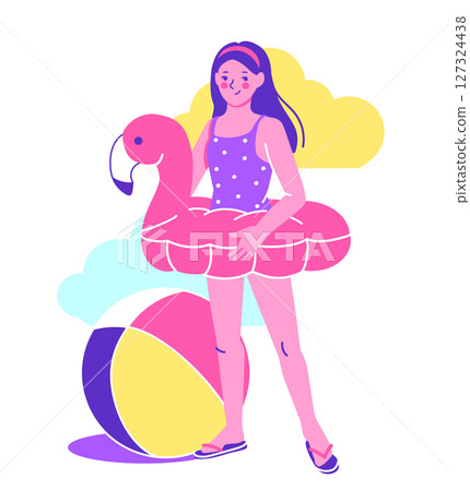 Cheerful swimmer with a flamingo floatie, capturing the essence of summer fun at the beach. Hand drawn vector concept radiating carefree colorful beach holiday vibes 127324438
