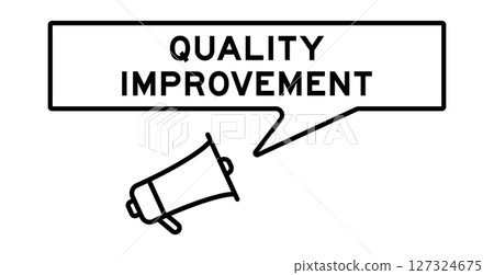 Megaphone icon with speech bubble in word quality improvement on white background 127324675