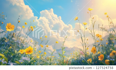 A vibrant field filled with wildflowers sways gently in the warm breeze beneath a stunning sky mixed with fluffy clouds and bright sunlight 127324738