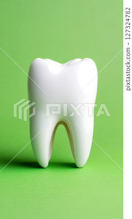 A shiny white tooth is prominently placed on a bright green background, symbolizing dental hygiene and health care 127324782