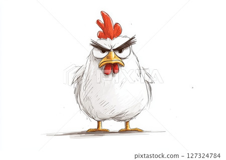 An angry chicken stands with a fierce expression, showcasing its displeasure through exaggerated features and a comical posture 127324784