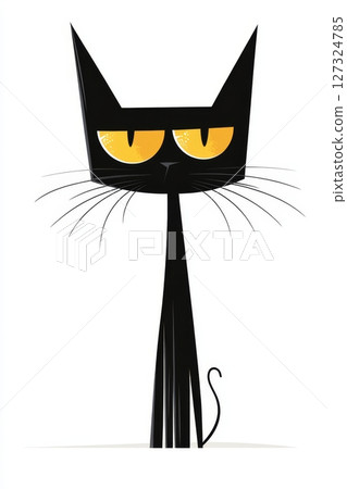 A sleek black cat with elongated features stares intently, its vibrant yellow eyes shining. This retro design evokes playful nostalgia 127324785