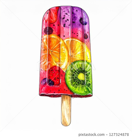 Colorful Fruit Popsicle Watercolor Illustration 127324878