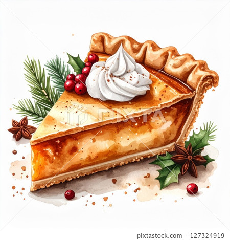 Watercolor Pumpkin Pie Slice with Whipped Cream 127324919