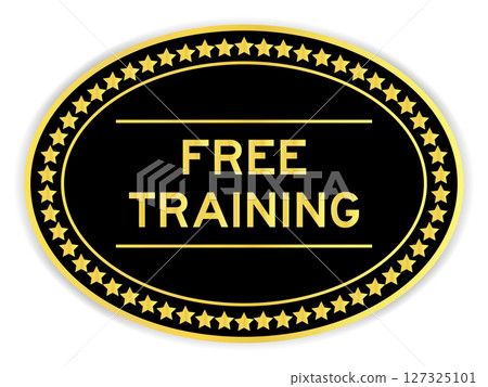 Black and gold color oval label sticker with word free training on white background 127325101