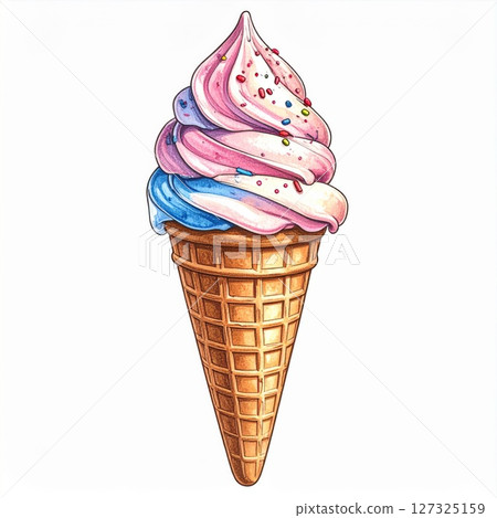 Pink and Blue Swirled Ice Cream Cone with Sprinkles 127325159