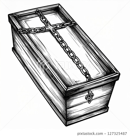 Black And White Line Drawing Of A Wooden Coffin Secured With Chains And A Cross 127325487
