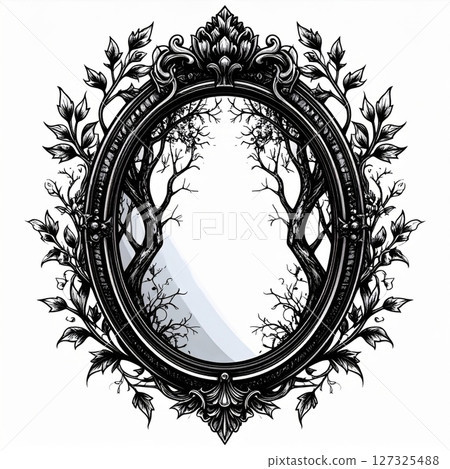 Ornate Black Mirror Frame with Silhouetted Trees 127325488