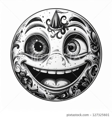 Whimsical Monochrome Face Illustration with Intricate Details 127325601