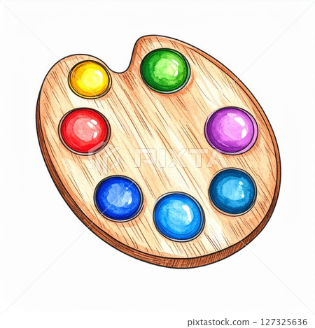 Colorful Wooden Artist Paint Palette with Bright Colors 127325636