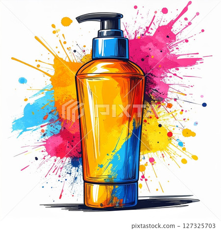 Orange Bottle With Pump Against Colorful Splashes 127325703