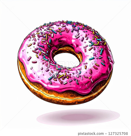 Pink Glazed Donut with Sprinkles on White Background 127325708