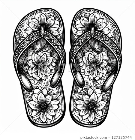 Floral Flip Flops Black and White Illustration 127325744