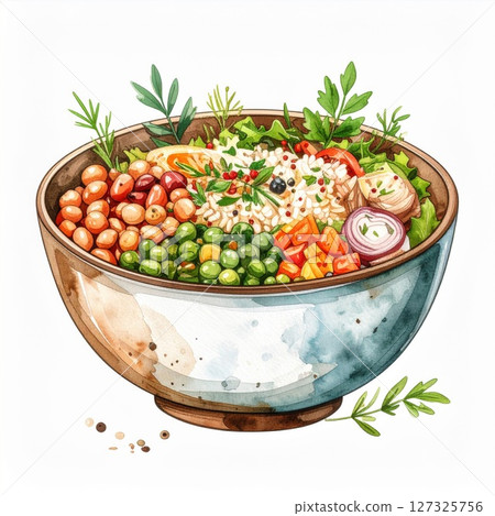 Colorful Vegetarian Bowl with Rice and Beans 127325756