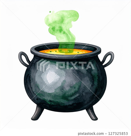 Steaming Cauldron of Yellow Soup with Green Smoke 127325853