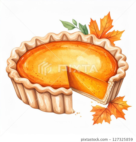 Watercolor Pumpkin Pie with Autumn Leaves 127325859