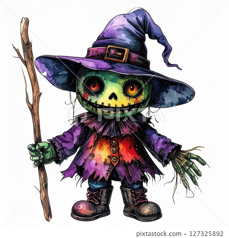 Whimsical Watercolor Witch Scarecrow Halloween Illustration 127325892