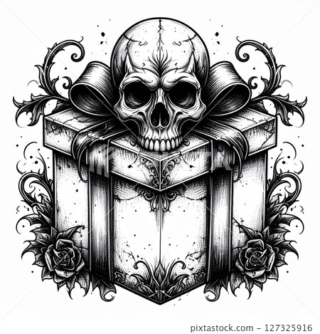 Black And White Skull Gift Box With Roses 127325916