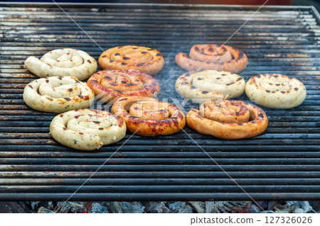 grilled sausages on the grill, closeup of photo grilled sausages on the grill, closeup of photo 127326026