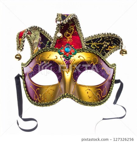 Ornate Jester Mask with Red Gold Purple Details 127326256
