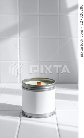 White Scented Candle on White Tile Background 127326290