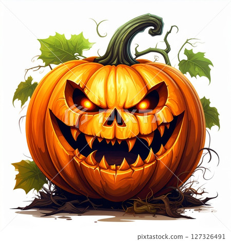 Glowing Orange Halloween Pumpkin with Scary Face Glowing Orange Halloween Pumpkin with Scary Face 127326491