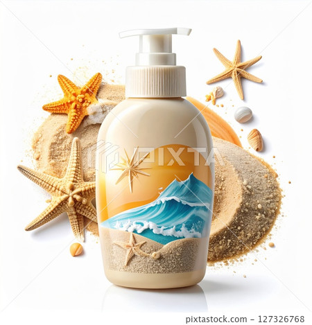 Beige Soap Bottle with Beach Design and Seashells 127326768